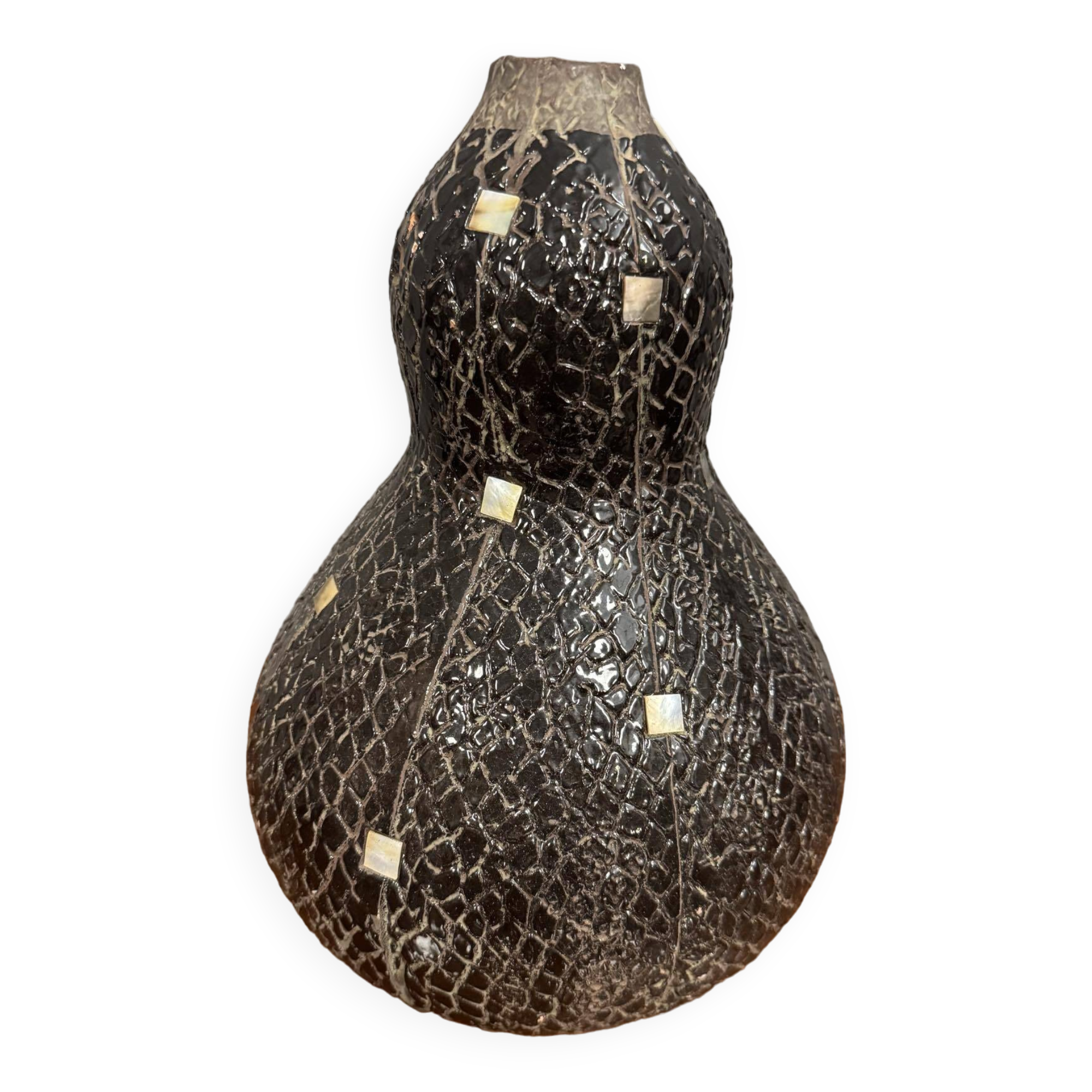 Important orientalist vase in textured black ceramic, with mother-of-pearl inlays circa 1930