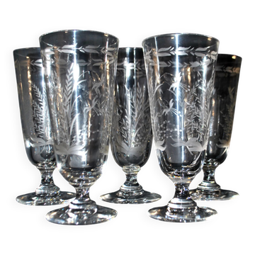 Portieux lot 5 verres à bière ancien verre 1930  bocks gravure fleuri