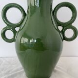 Handmade green ceramic amphora vase with large circular handles