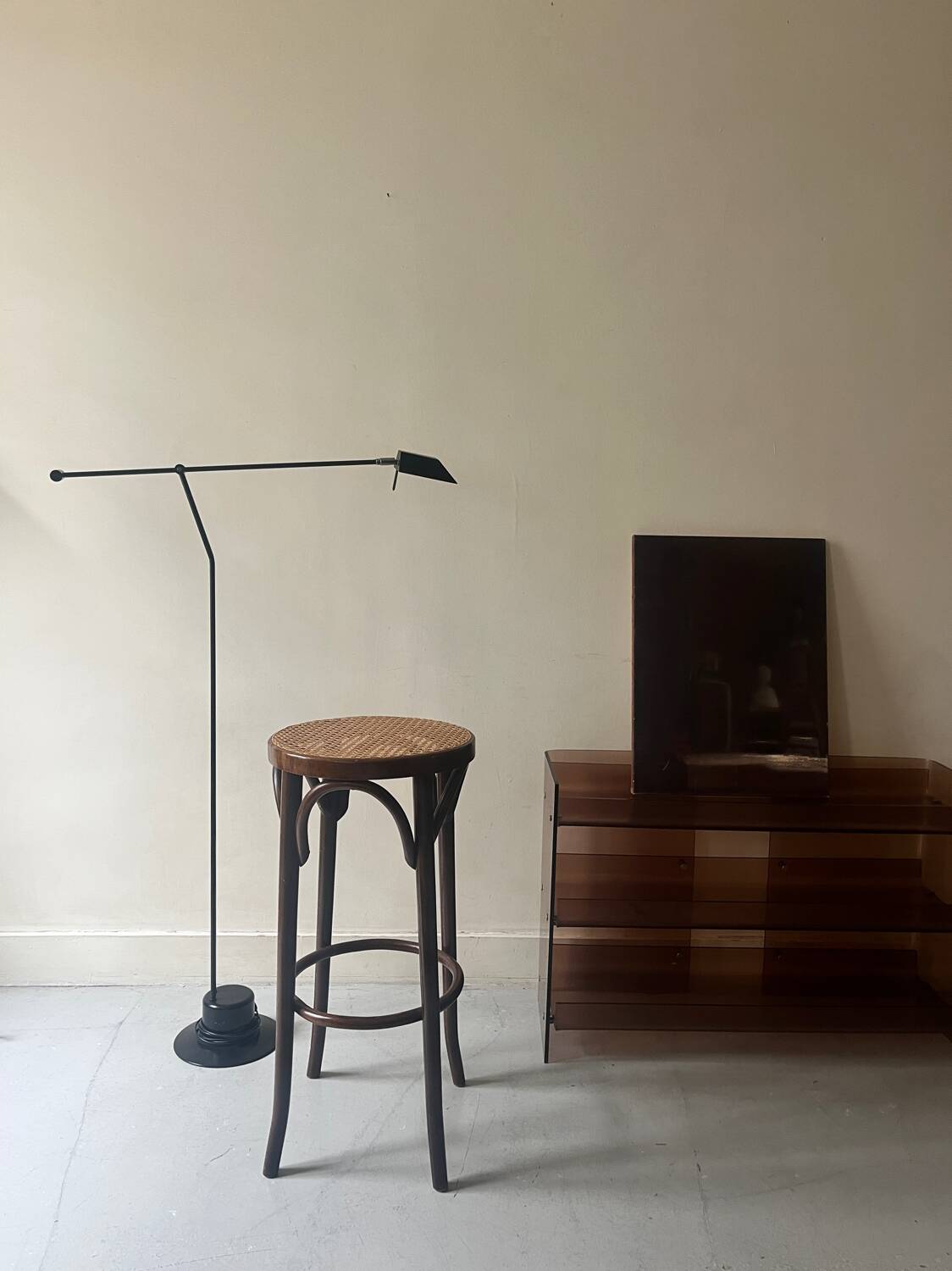 High bistro stool in turned wood and new cane, 1950
