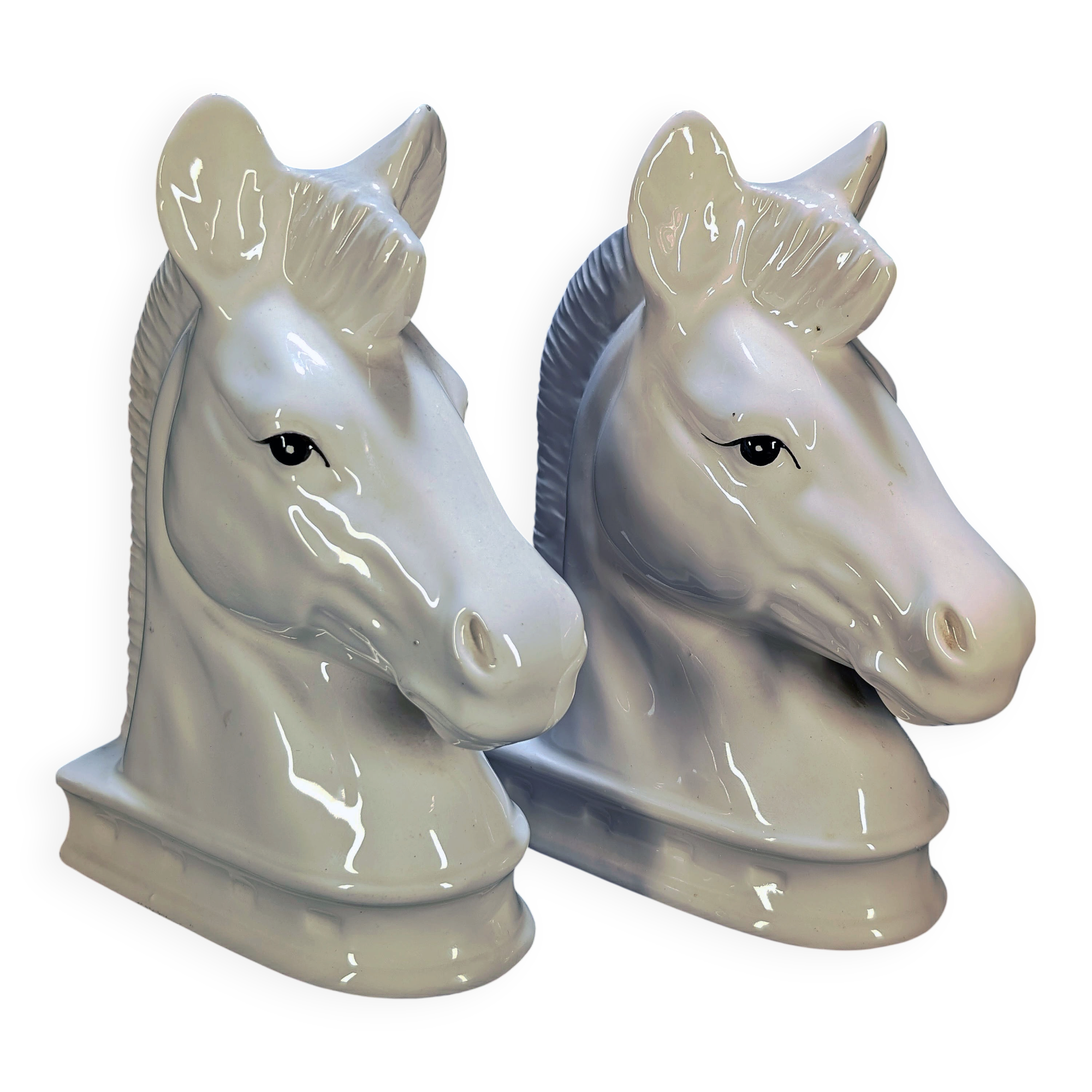 Serres-livres vintage de chevaux blancs en céramique