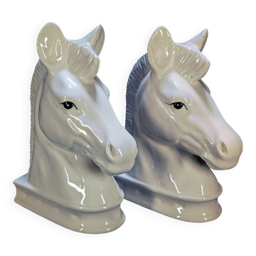 Serres-livres vintage de chevaux blancs en céramique