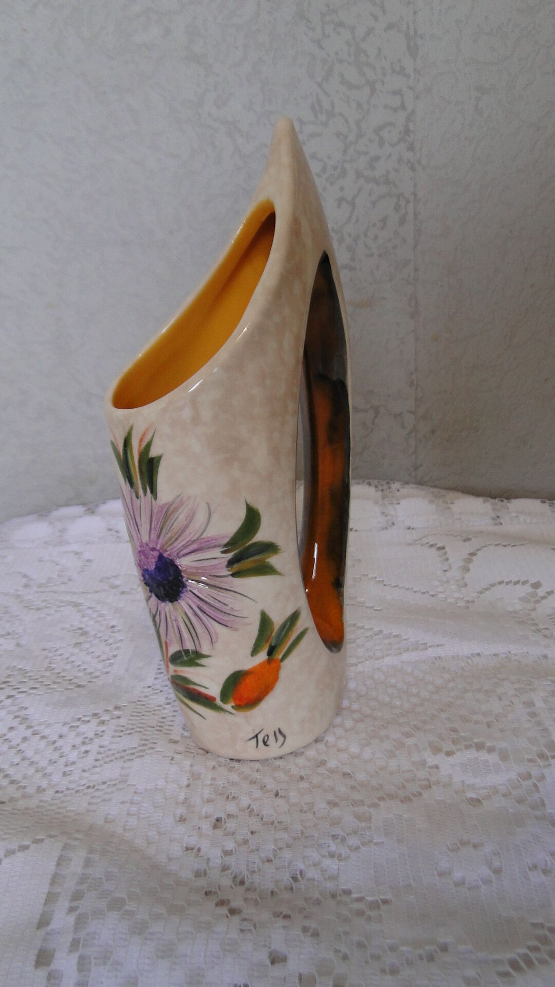 Ceramic vase with handle from the 70s, signed Tess, sunflower decor