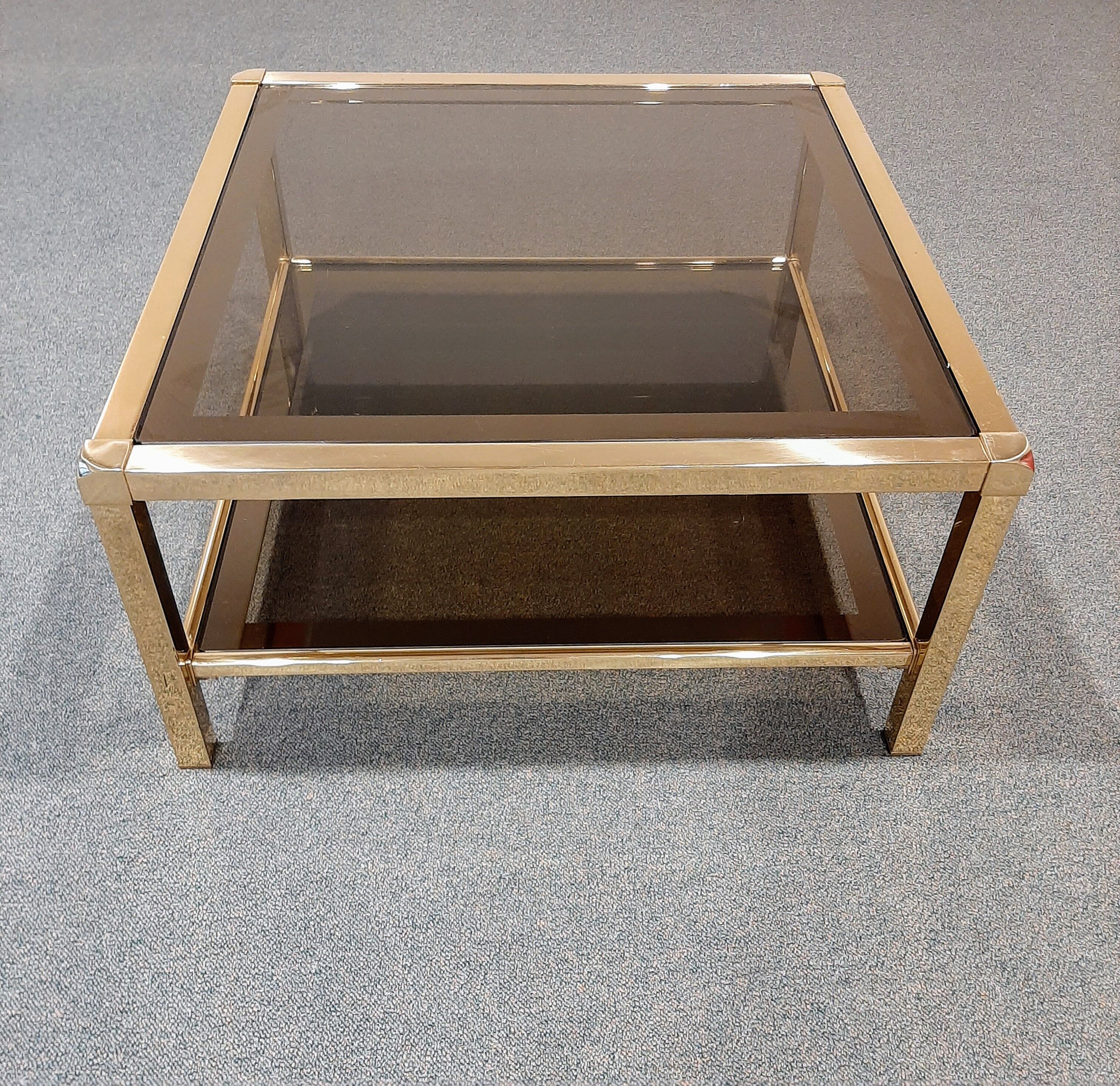 Vintage coffee table in smoked glass and brass 1970