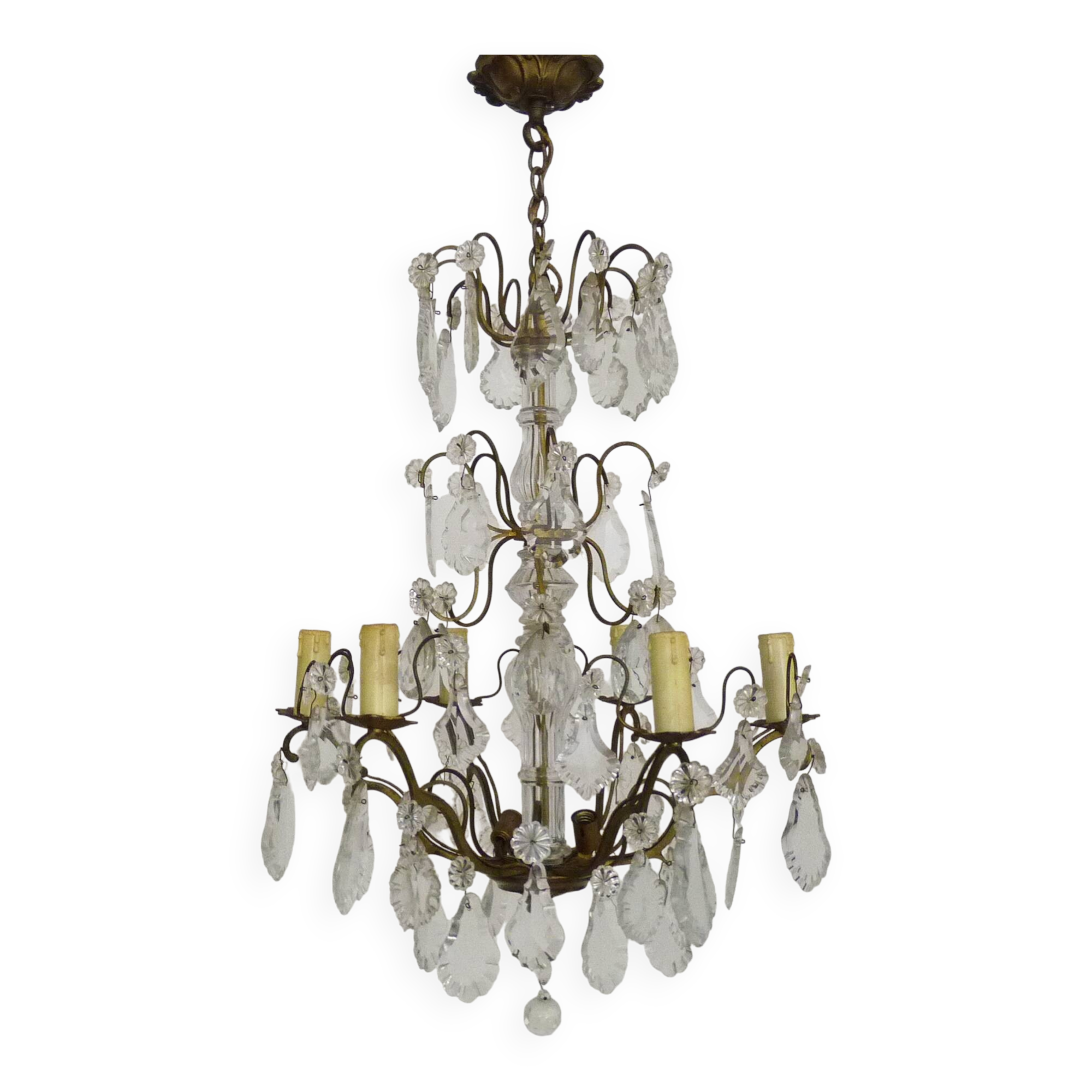 Vintage 8-light chandelier with glass pendants. 1960s.