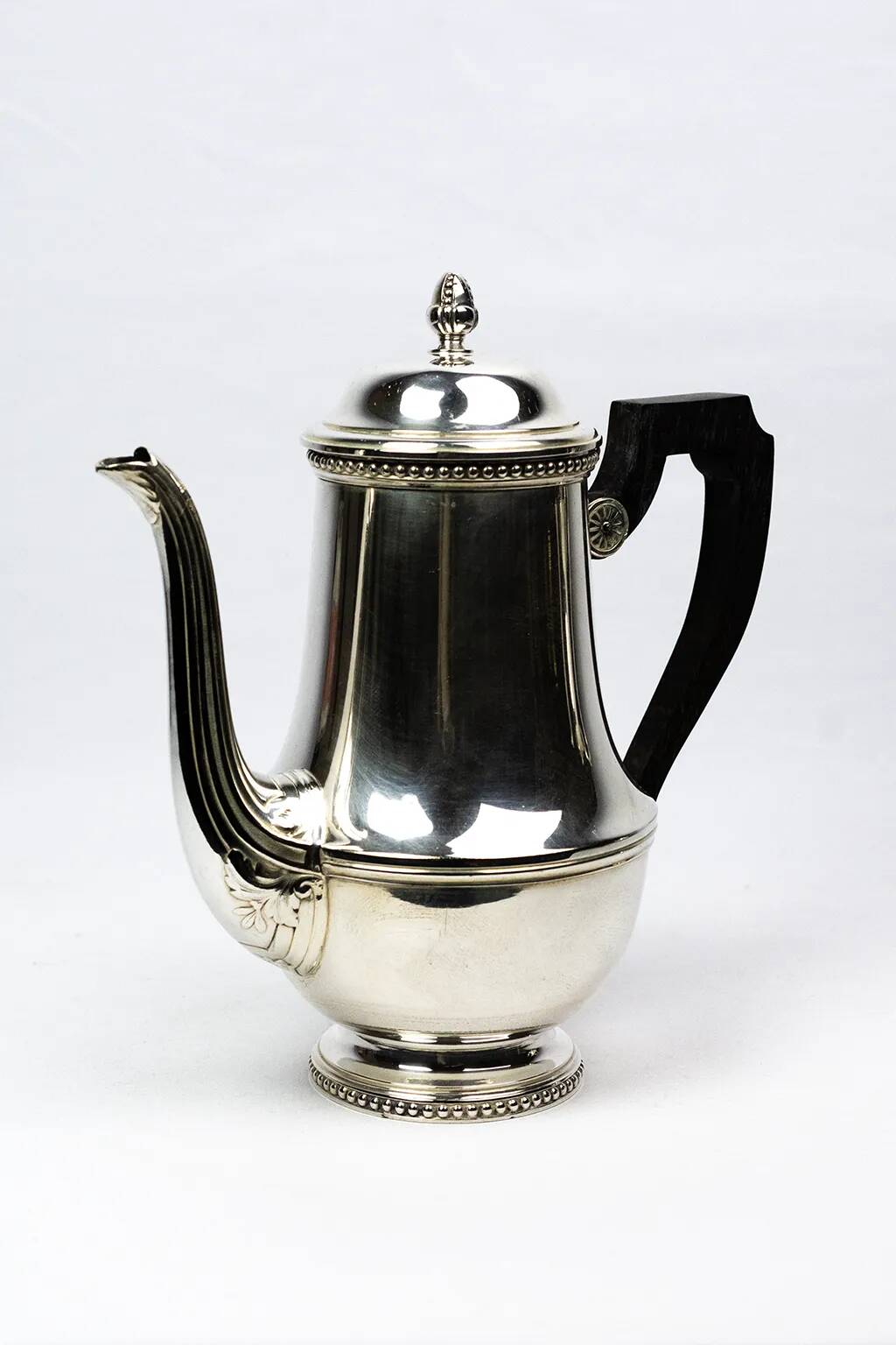 Silver-plated metal coffee pot Ercuis — decorated with bead friezes, ebony handle.