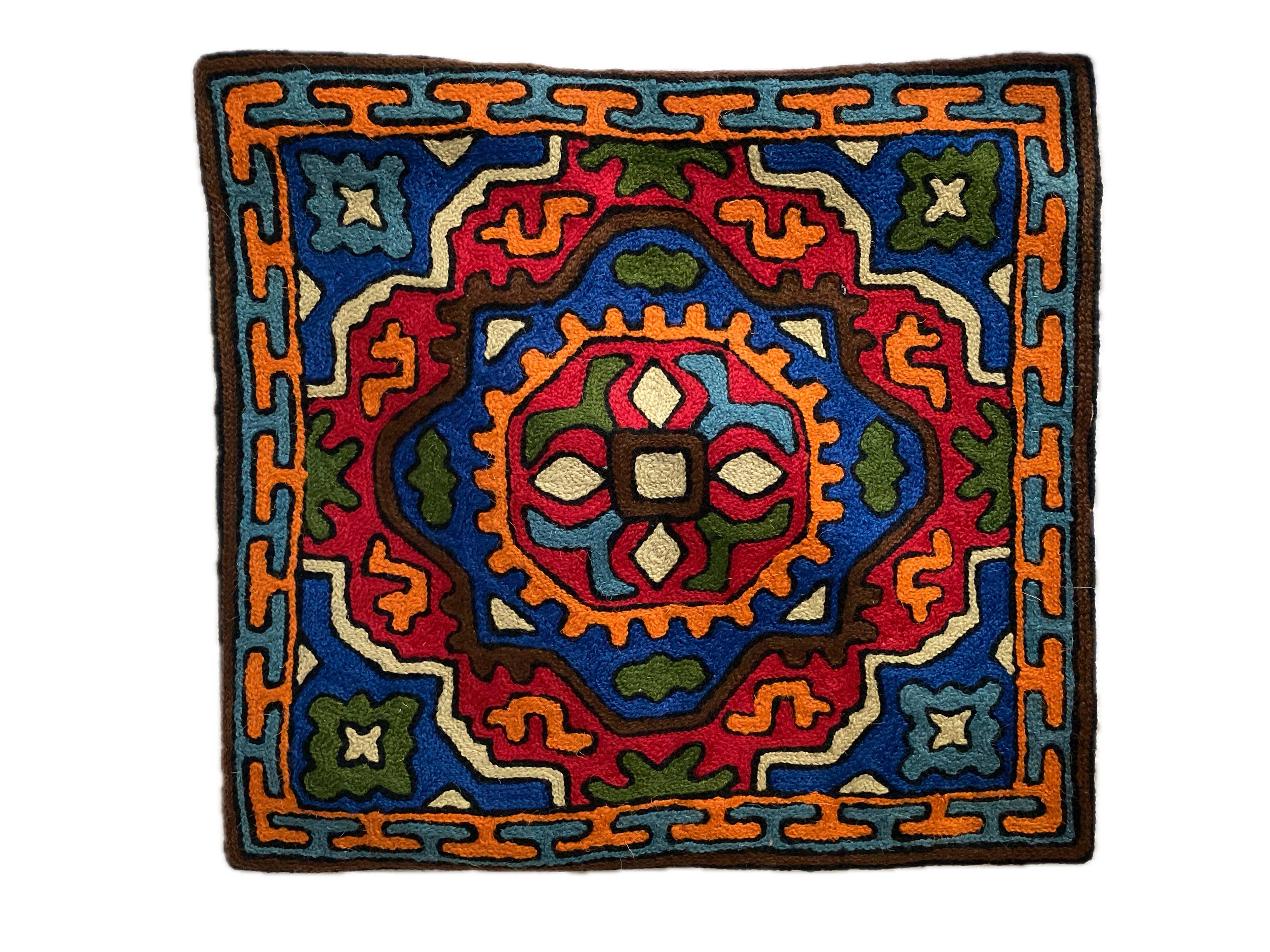 Hand-embroidered wool cushion cover, tribal geometric pattern 40 x 40.