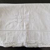 Old linen sheet - Encrypted BB - With openwork edging and lace on the bottom - Dimensions: 300x220cm