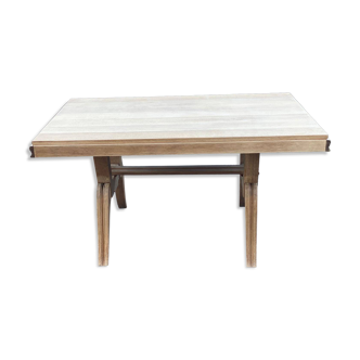 Renovated art deco table in solid oak, rectangular, extendable, 220cm