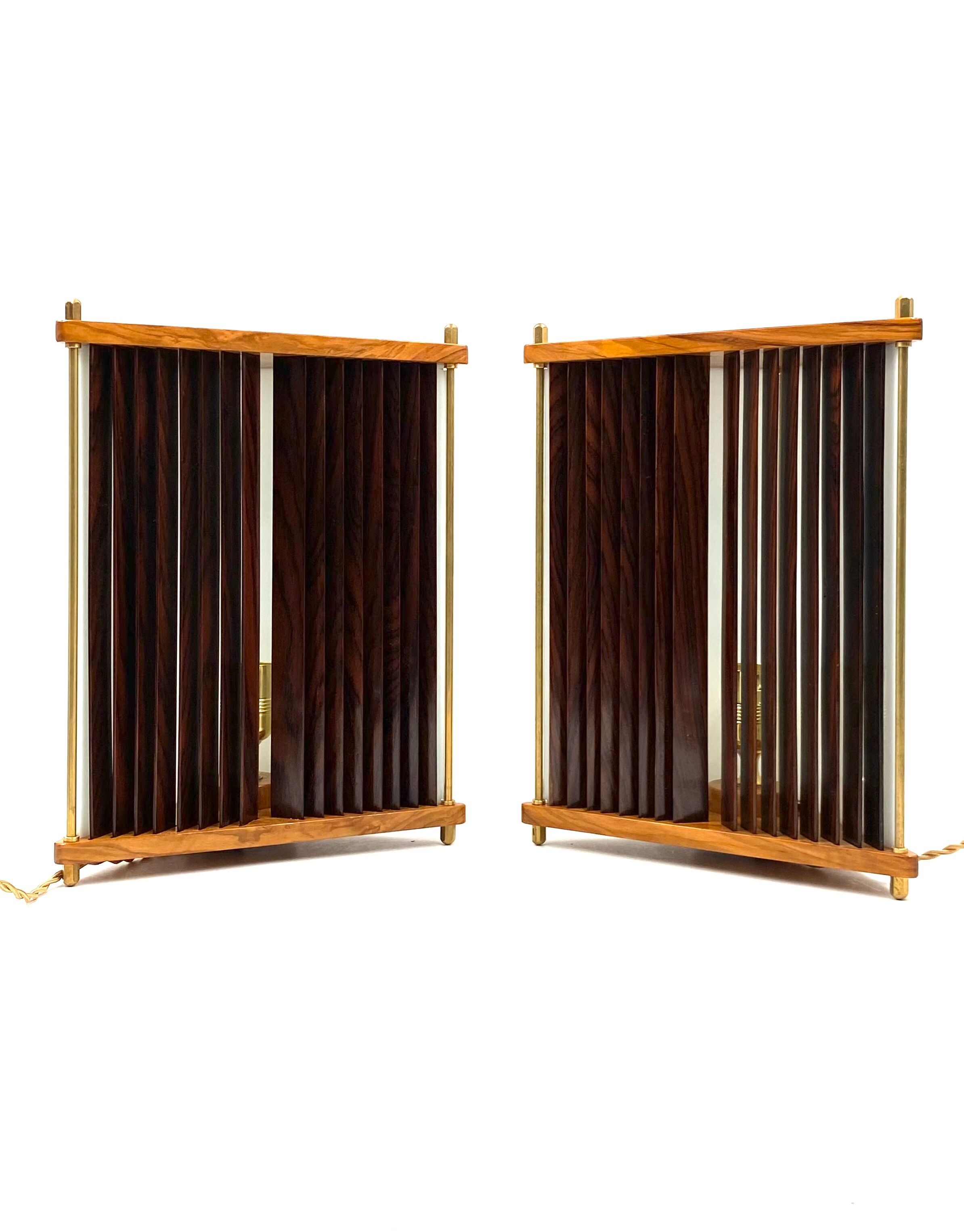 Leonardo Mosso 2 palisander and brass table lamps, Italy 1970s