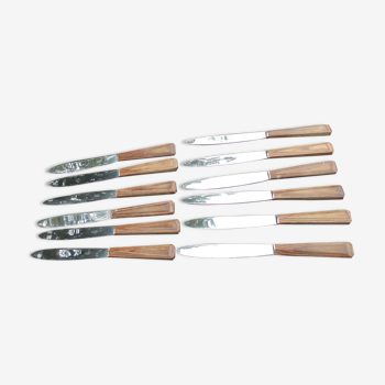 12 table knives vintage handle wood (rosewood) stainless steel blades