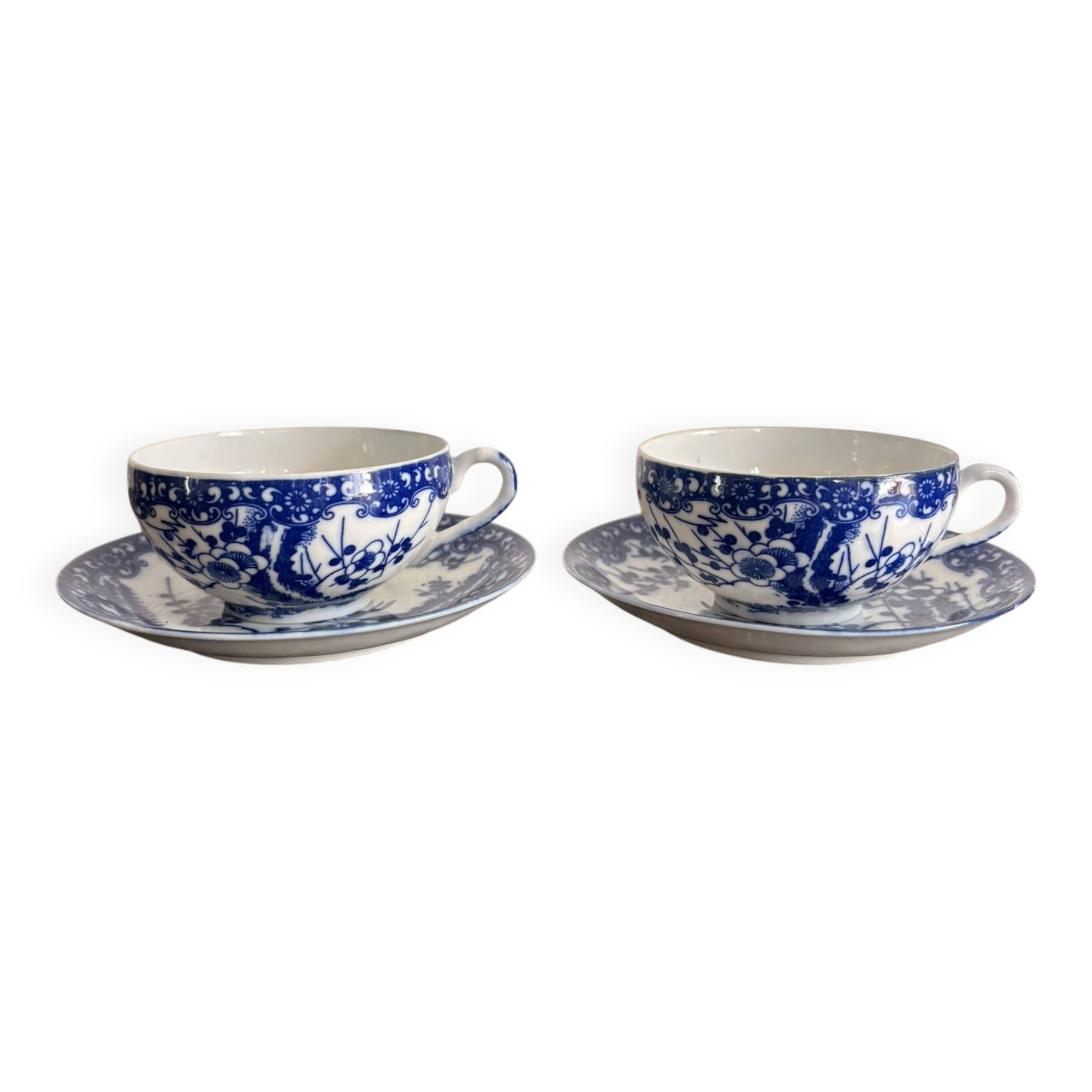 Set of Two Japanese Porcelain Tea Cups Blue and White Sometsuke Plum Blossom Decor
