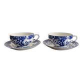 Set of Two Japanese Porcelain Tea Cups Blue and White Sometsuke Plum Blossom Decor