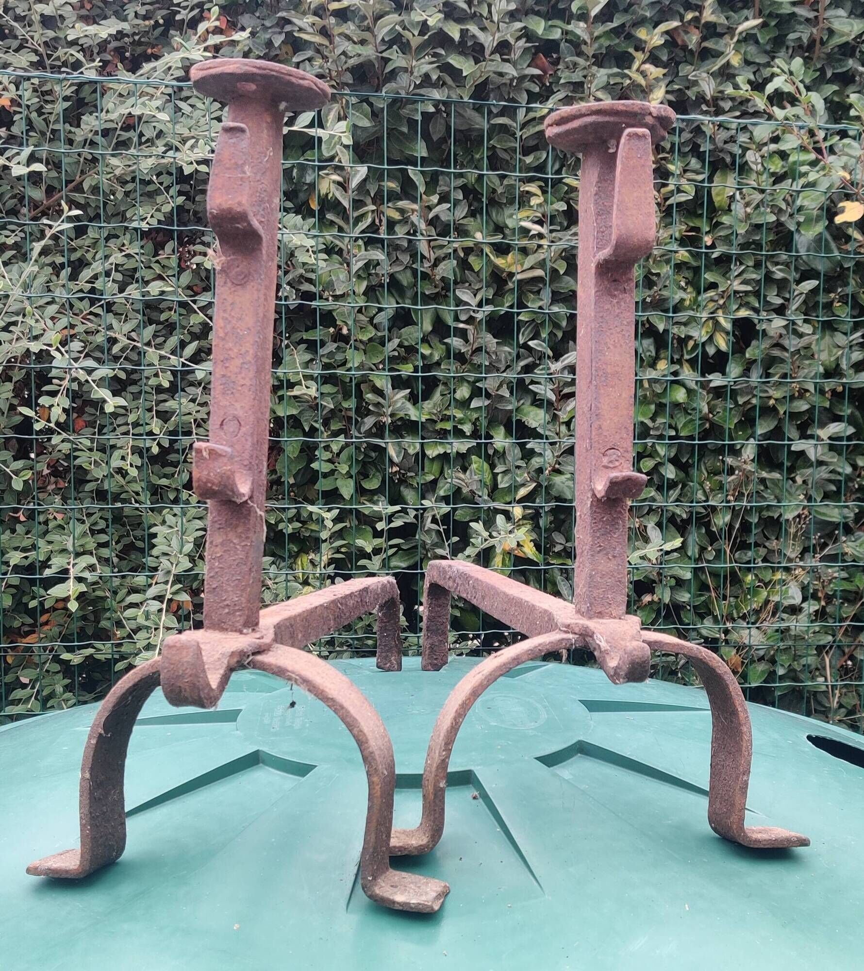 Pair of wrought iron fire dogs.
