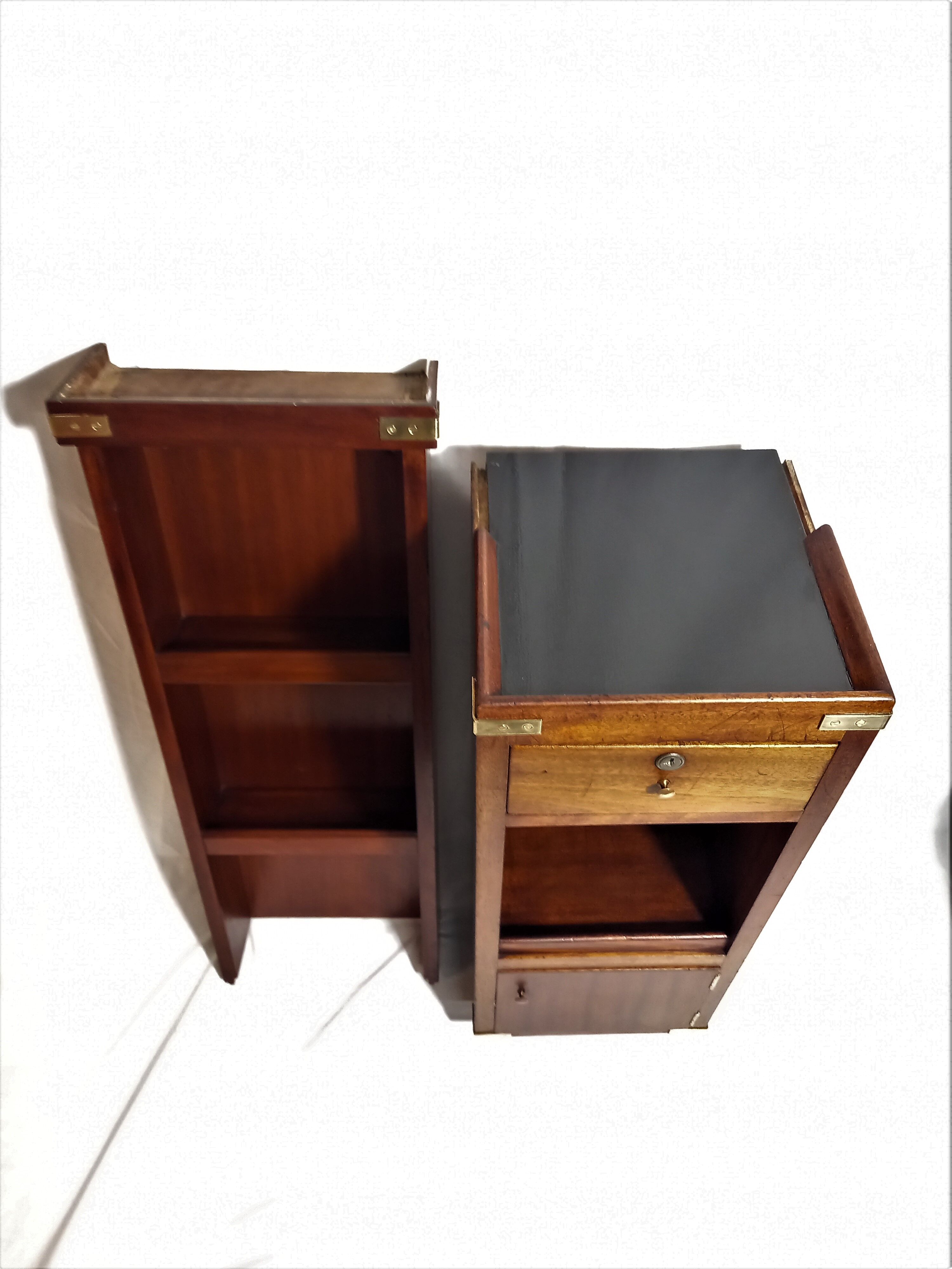 Pair of bedside tables with mahogany and brass shelf