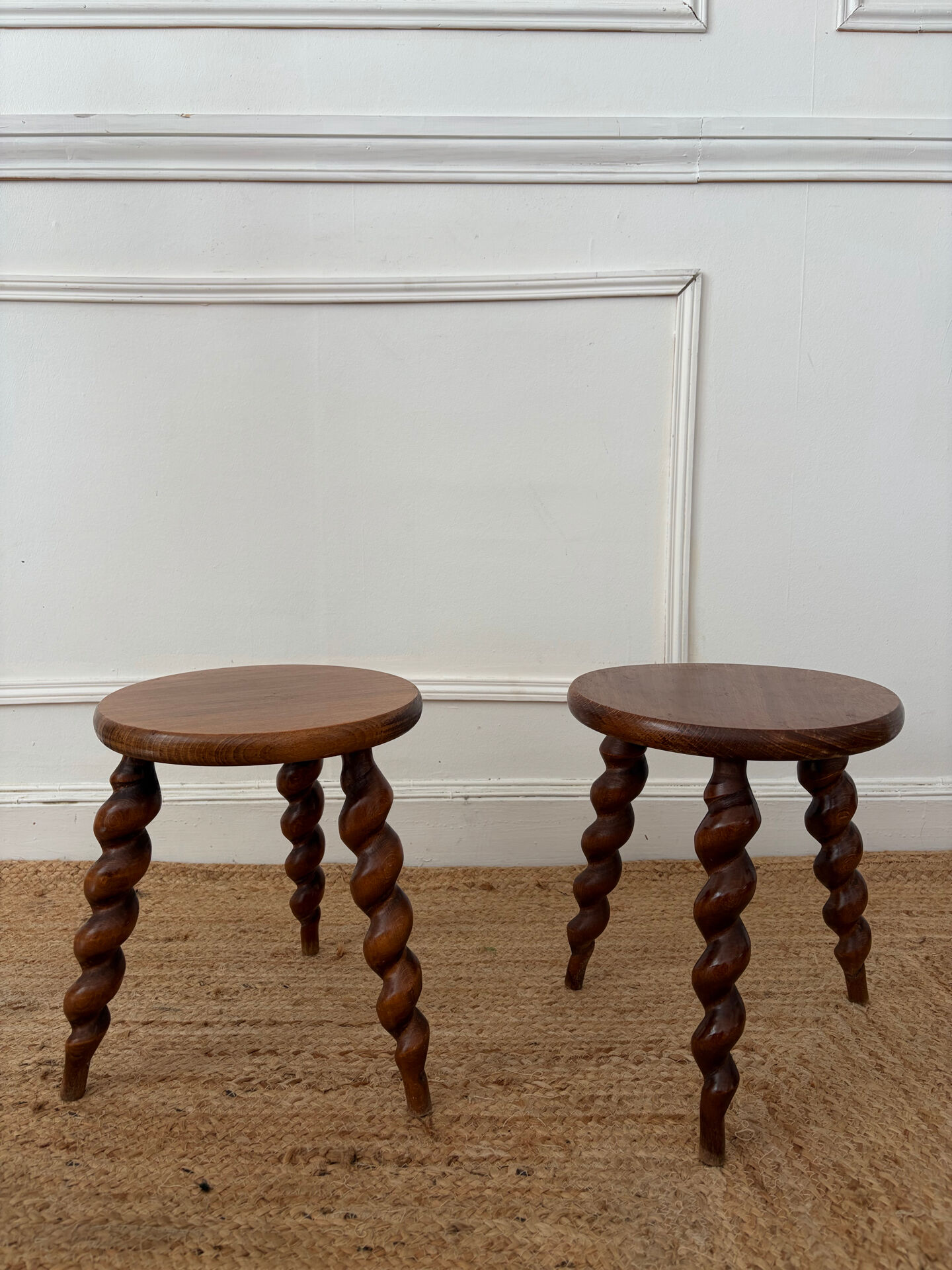 Pair of twisted wooden tripod stools