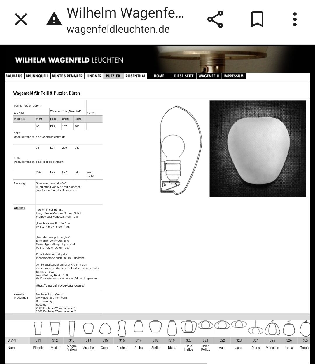 3 Wilhem Wagenfeld wall lamps, Peill & Putzler, "Muschel", 1950s