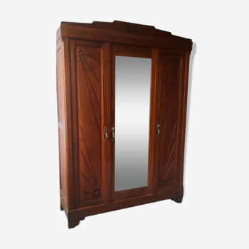 Old art nouveau 3-door wardrobe with mercury mirror