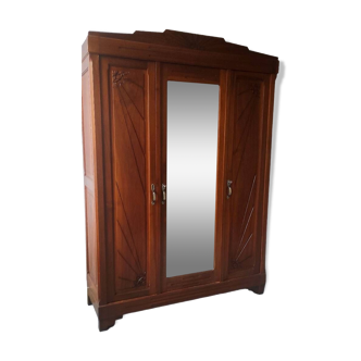 Old art nouveau 3-door wardrobe with mercury mirror