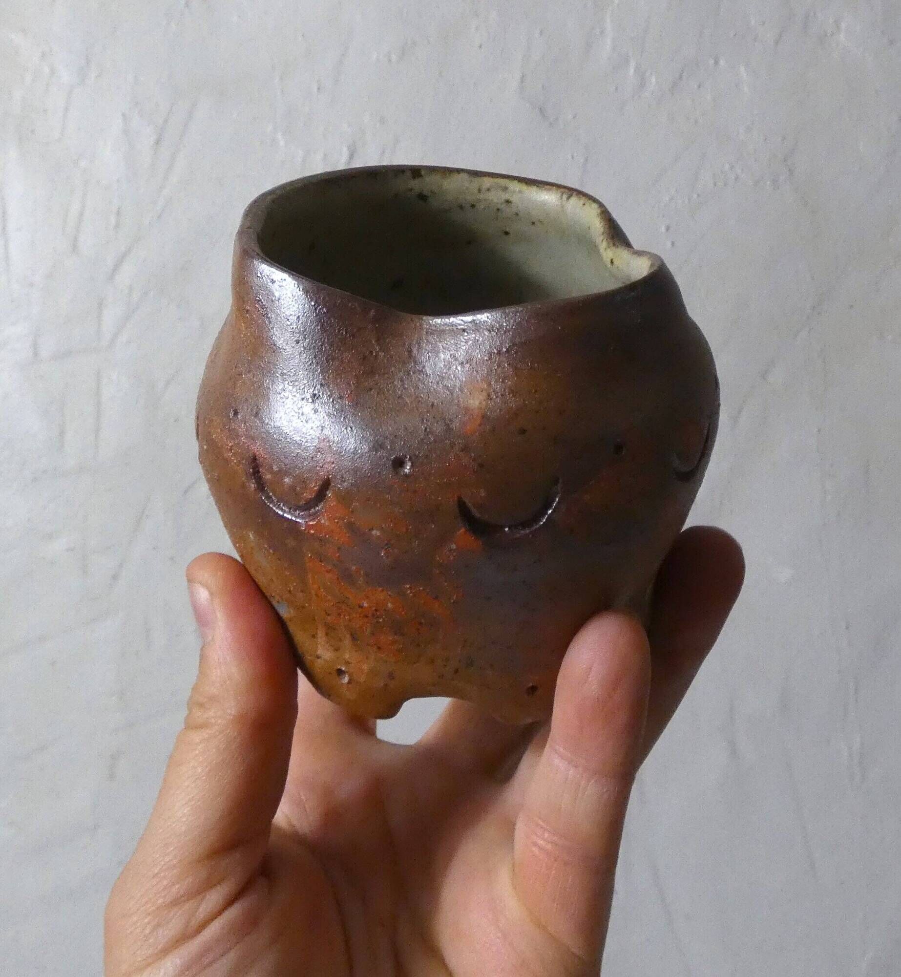 2 asymmetrical brutalist stoneware bowls signed G.Toutous Vintage