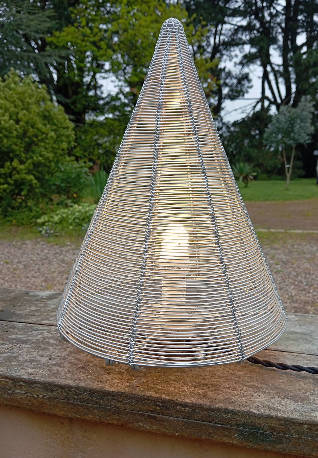 Conical stainless steel wire table lamp, vintage 80's