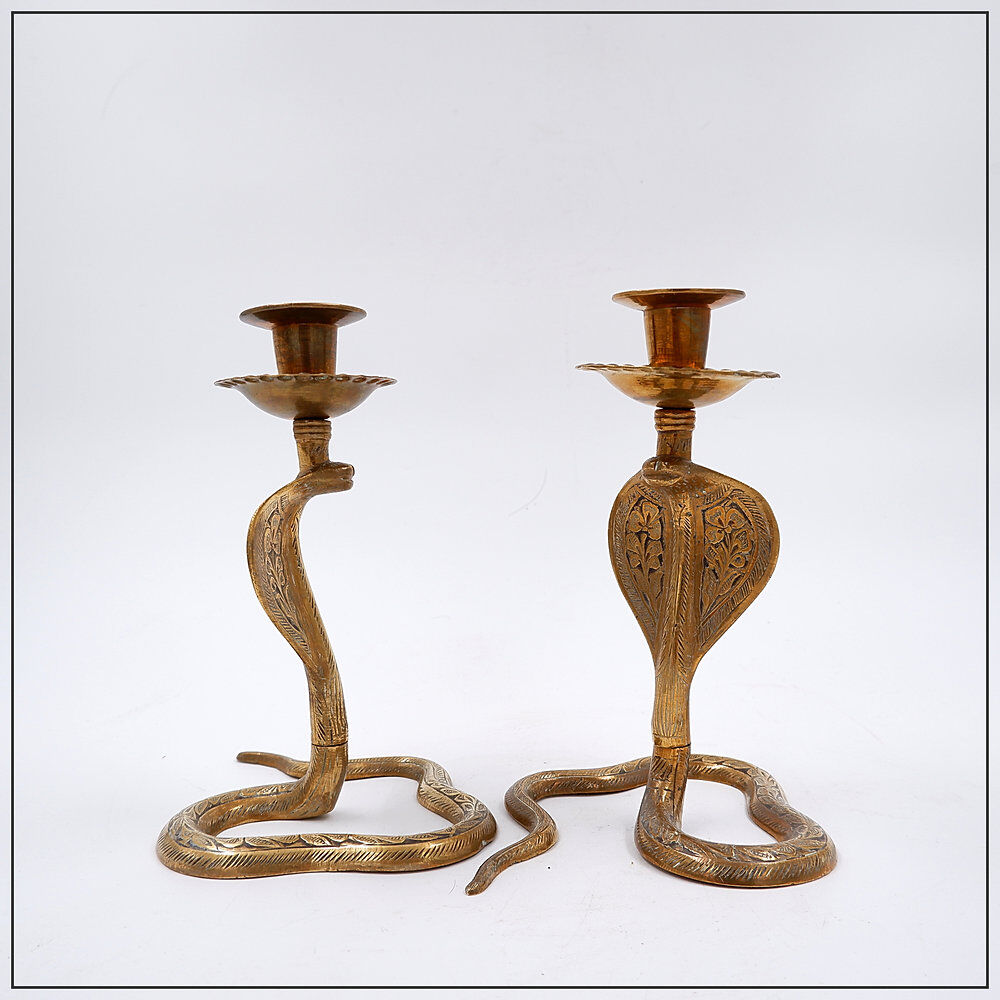 Pair of engraved brass cobra candlesticks - 1960s