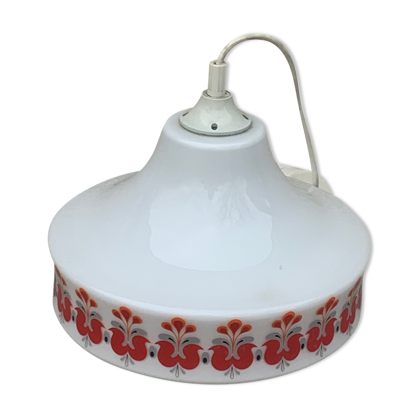 Pendant lamp, white opaline globe with a vintage red design floral pattern 1970