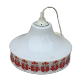 Pendant lamp, white opaline globe with a vintage red design floral pattern 1970