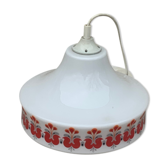 Pendant lamp, white opaline globe with a vintage red design floral pattern 1970