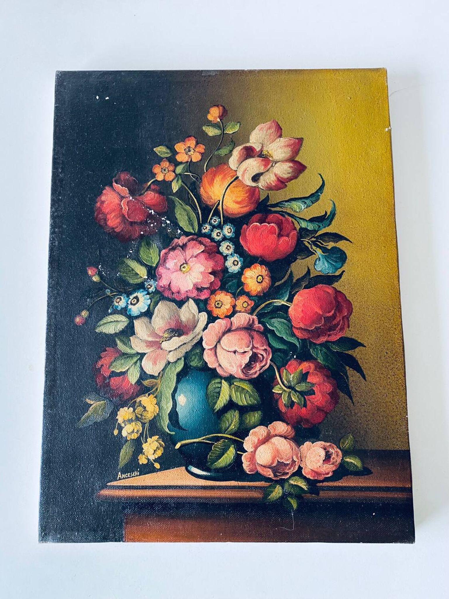 Oil on canvas bouquet of flowers signed Anceschi