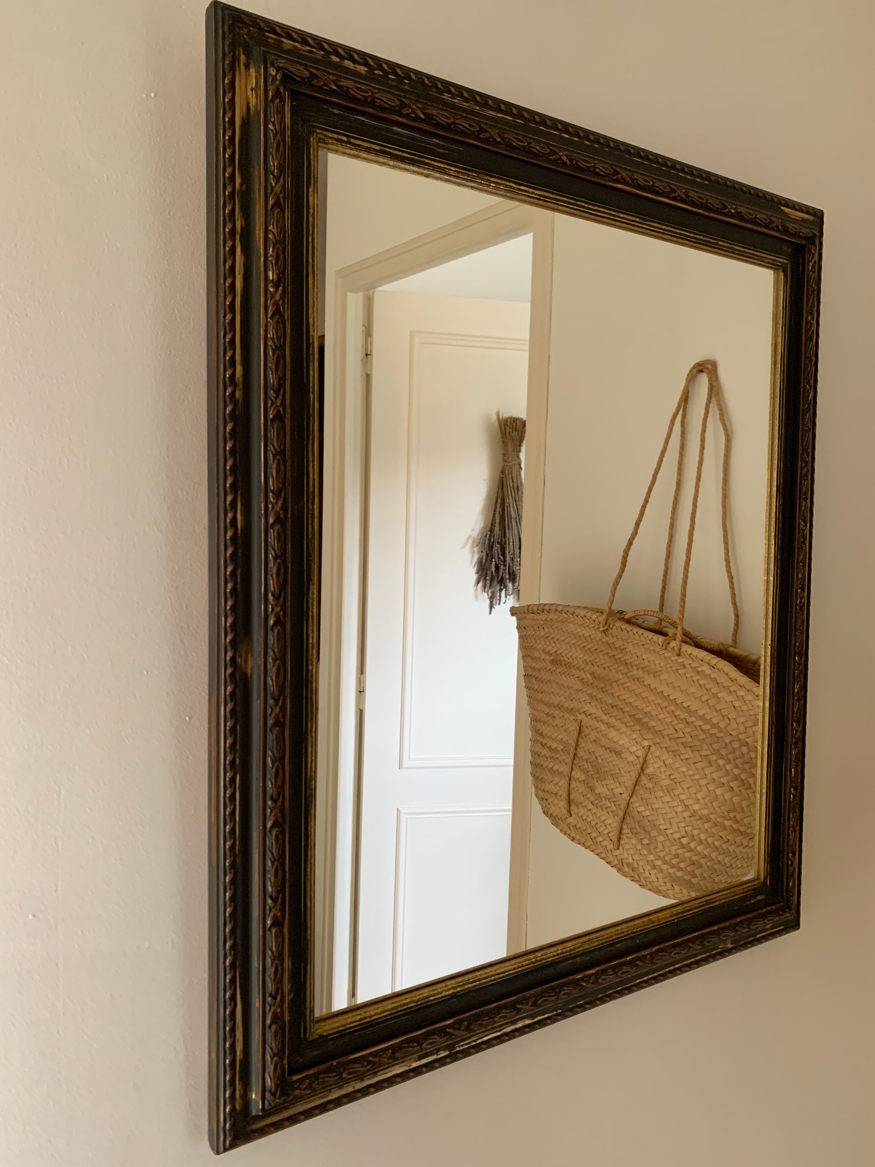 Miroir rectangle ancien lours bois sculpté peint patiné