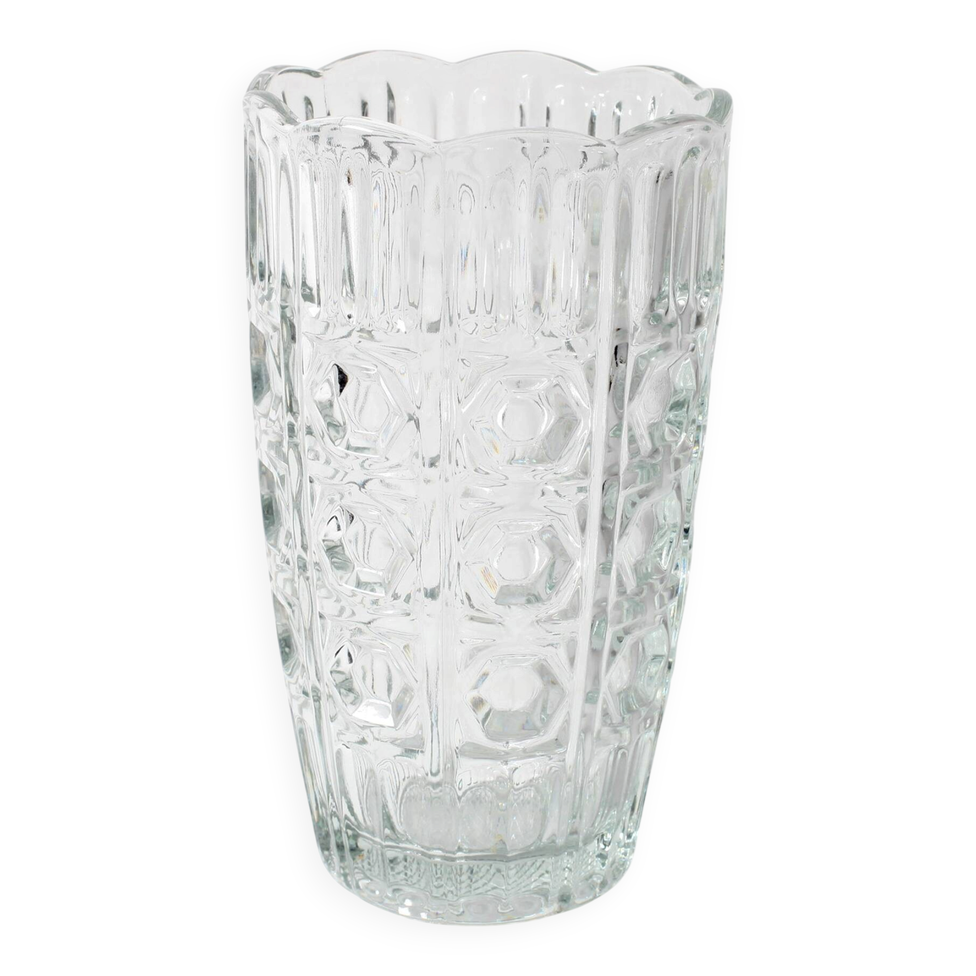 Vintage Solid Heavy Clear Hand Pressed Glass Flower Vase / Italy / 1960s
