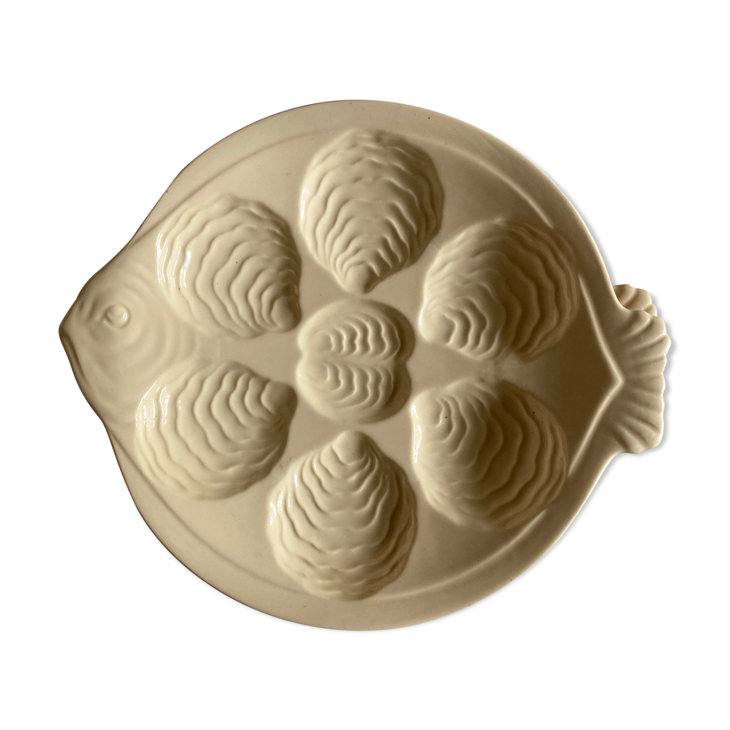 Set of 6 plates fish with oysters in ivory faience 1960