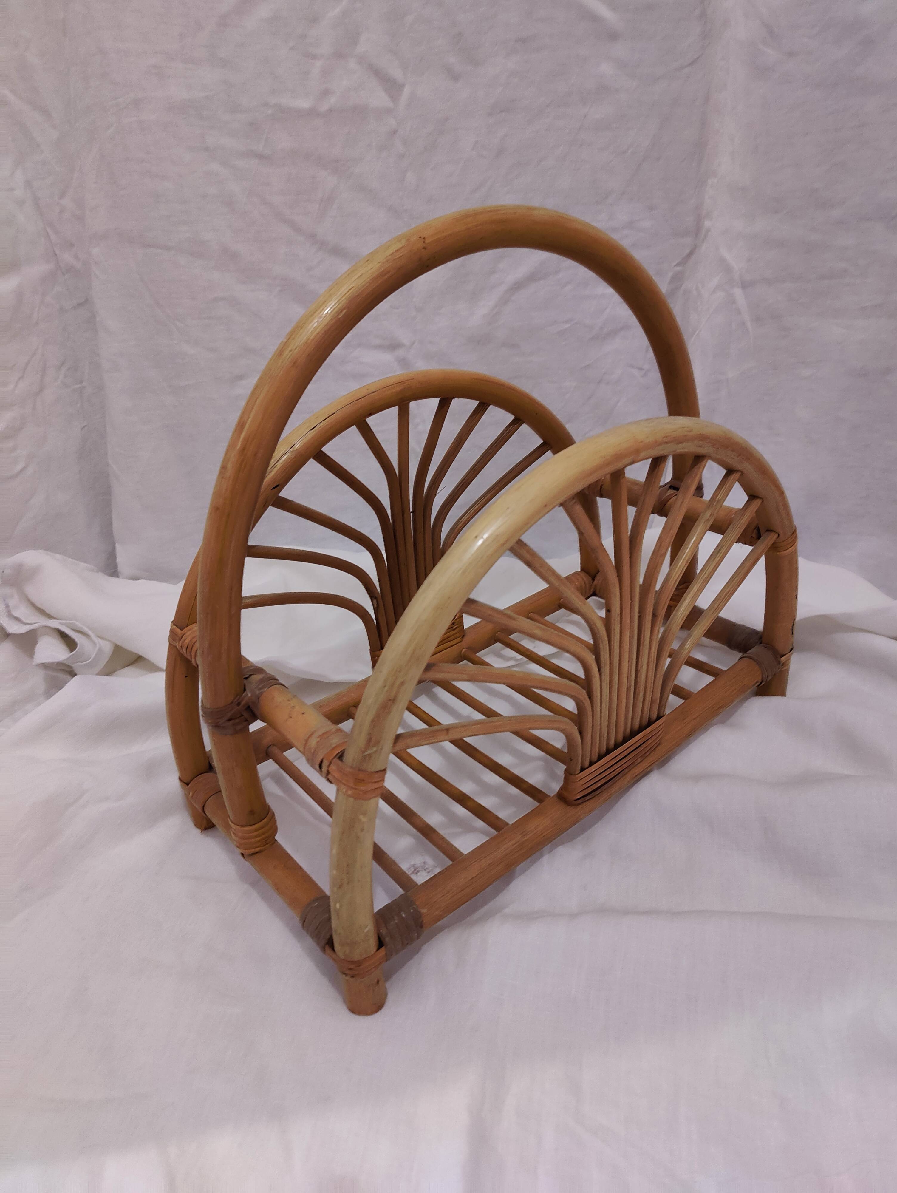Woven bamboo magazine rack from the 1970s