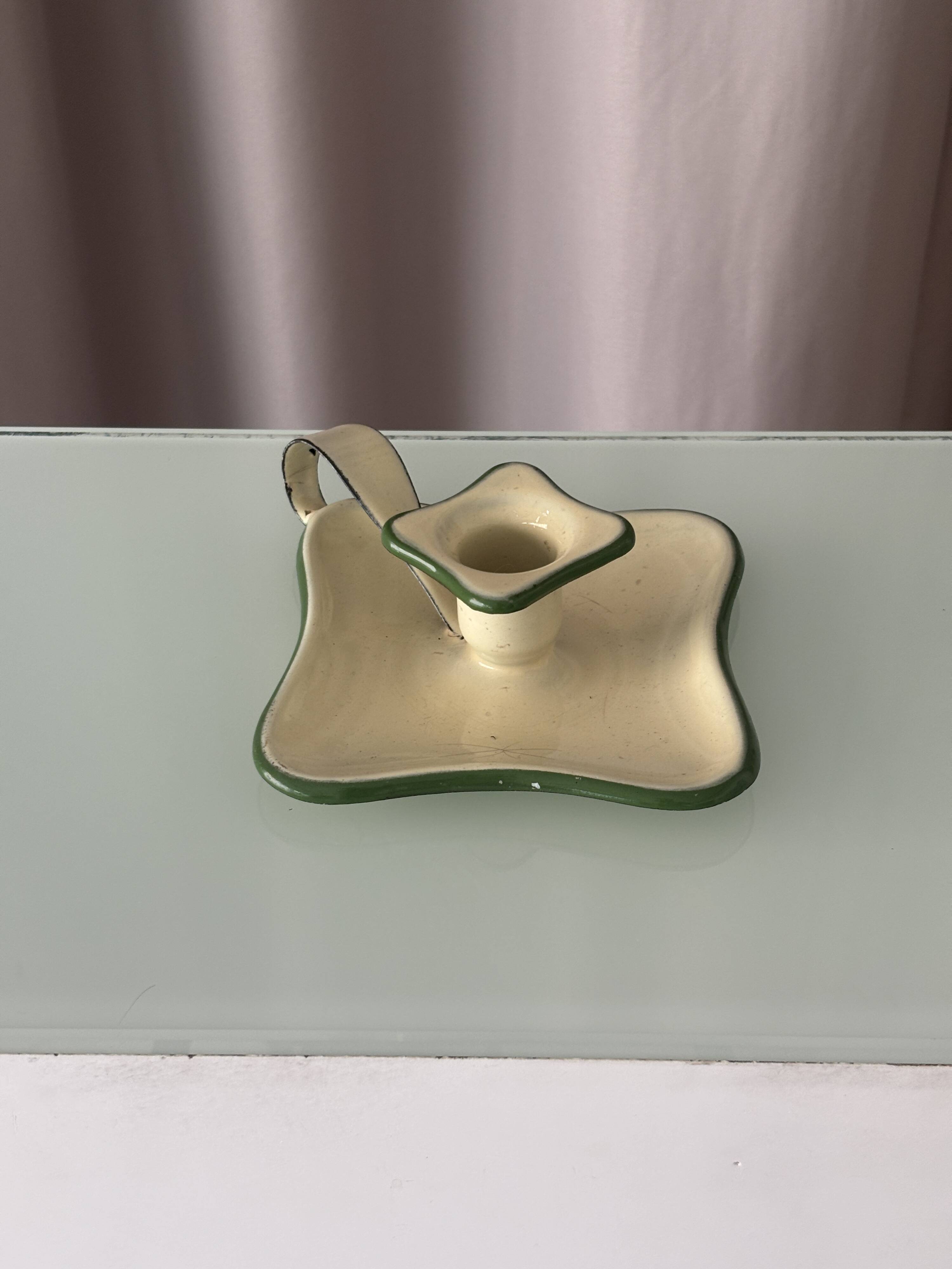 Vintage Belgian Enamel Chamberstick Candle Holder – Cream & Green