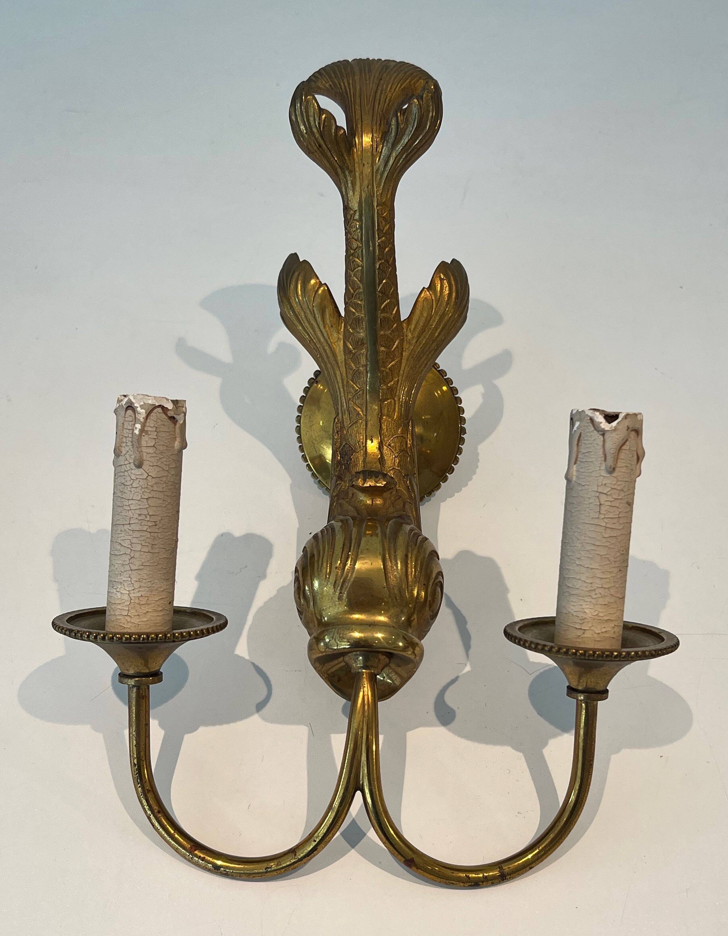 Pair of bronze wall sconces with dolphins by Maison Jansen