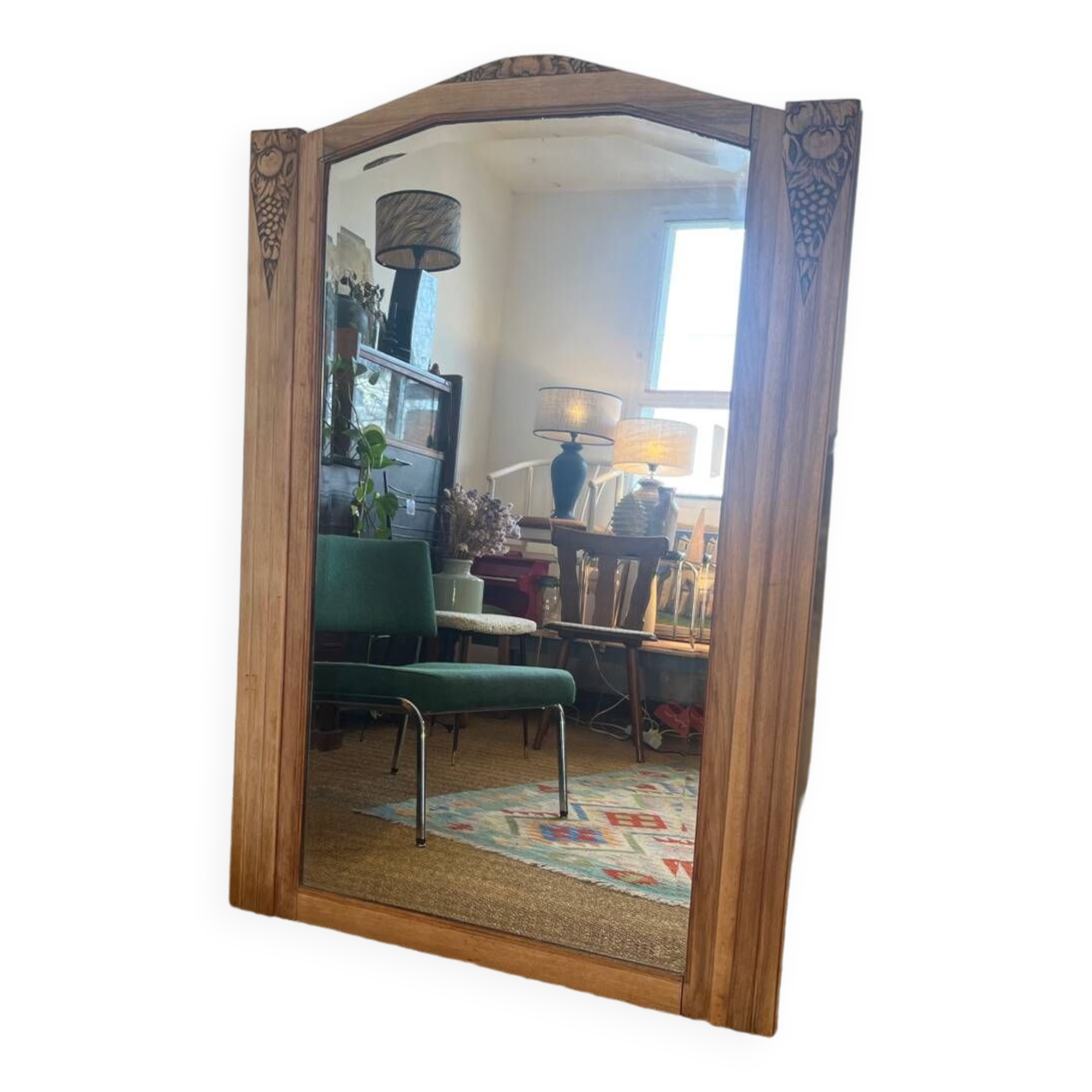 Large old art deco mirror in wood and beveled glass