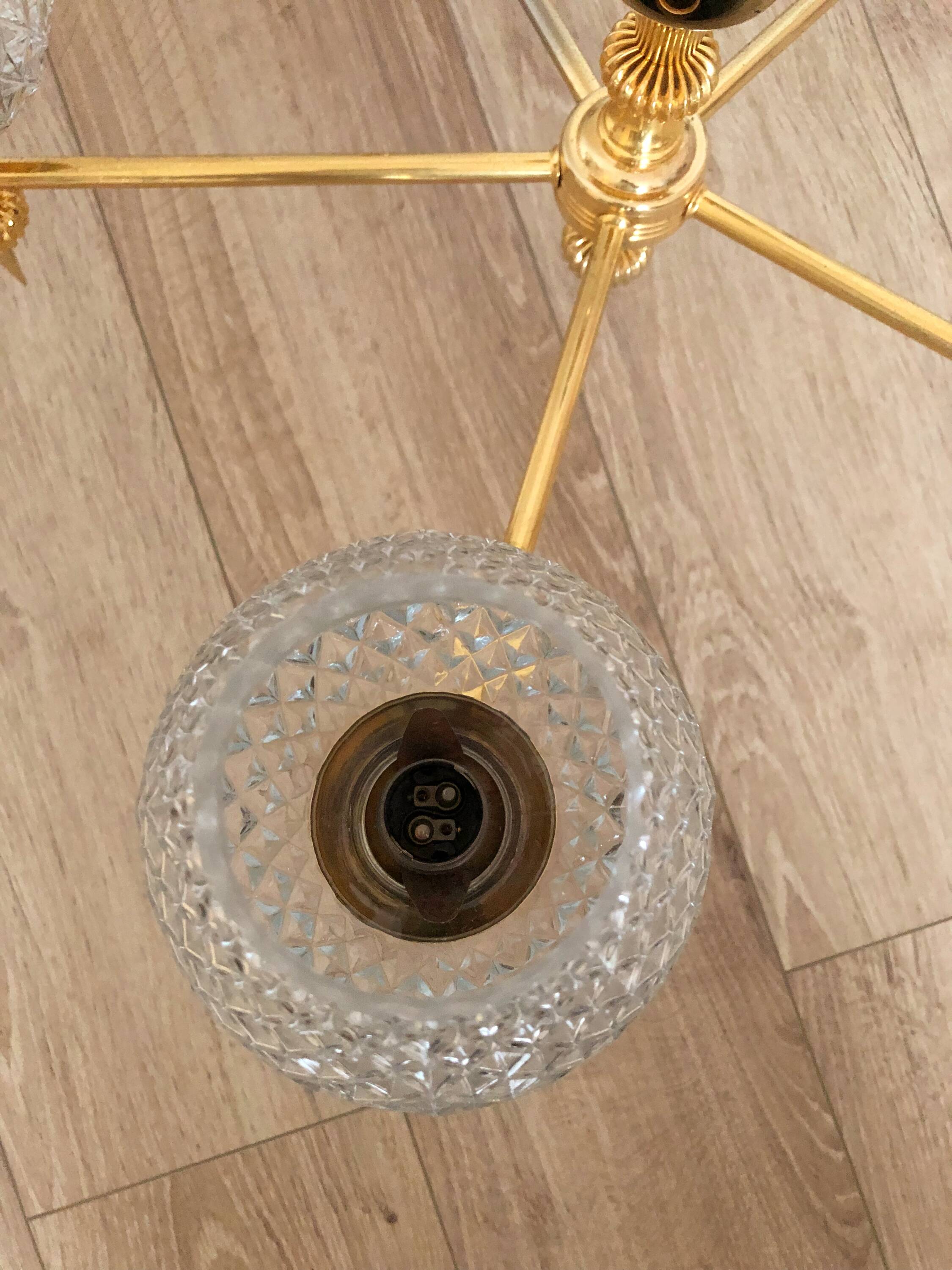 Vintage 5-light chandelier in glass and brass