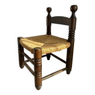 Chaise basse, de cheminée vintage style Charles Dudouyt en bois et paille