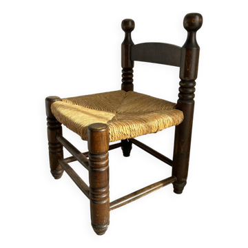 Chaise basse, de cheminée vintage style Charles Dudouyt en bois et paille