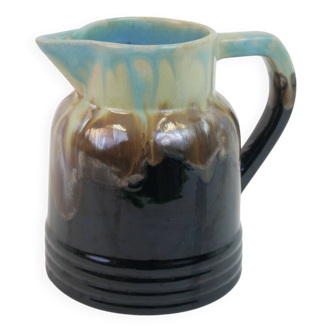 Art Deco pitcher in black, brown and blue glazed ceramic