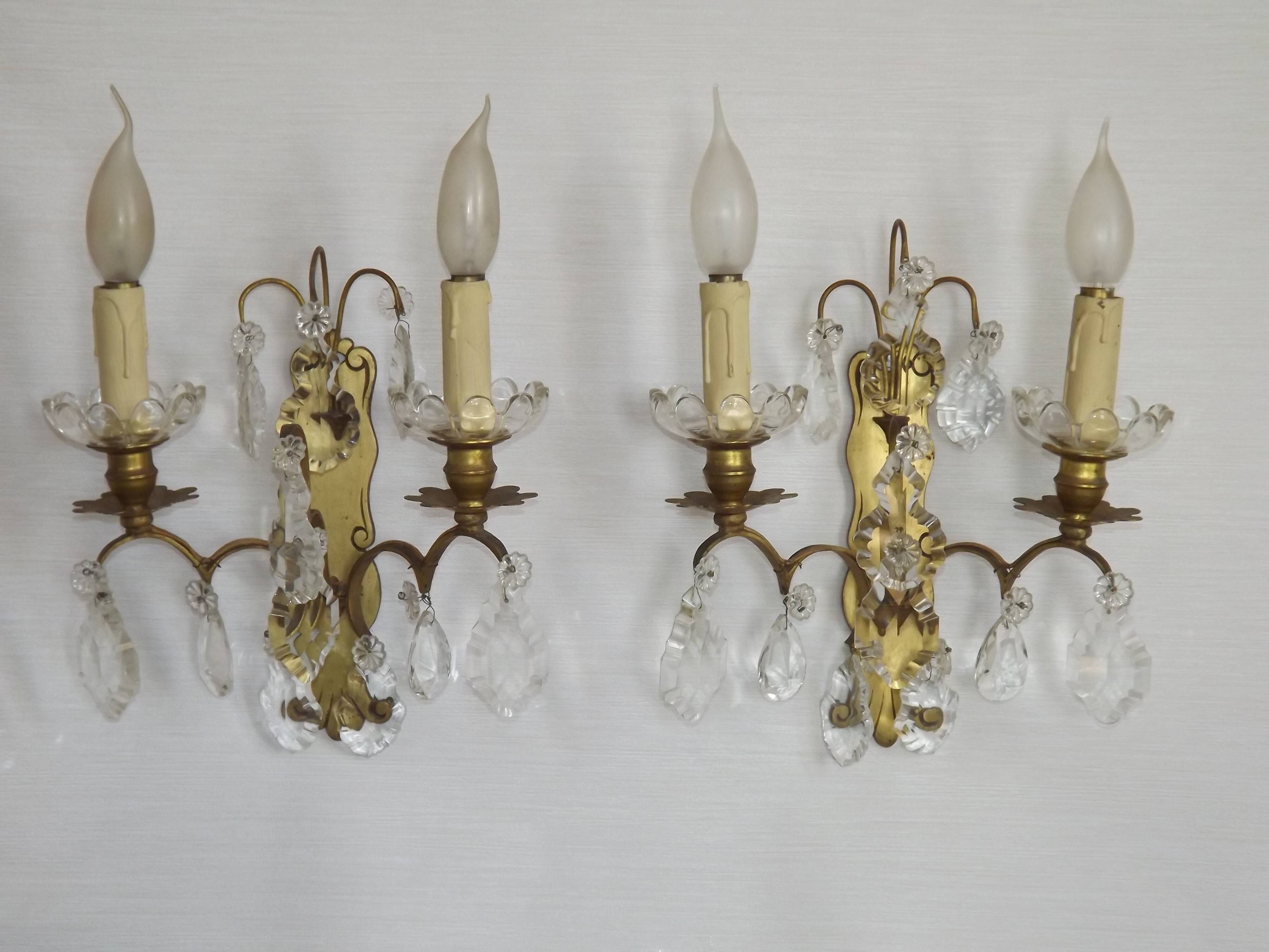 Pair of French Double Brass & Glass Wall Lights Adorned With Crystals