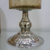 Photophore en verre craquelé ambré sur pied bougeoir en métal