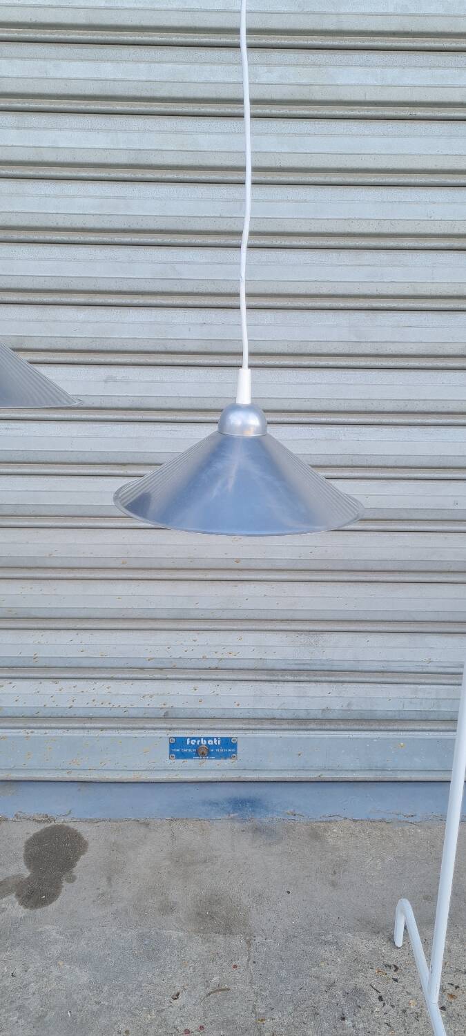 Pair of brushed aluminum pendant lights