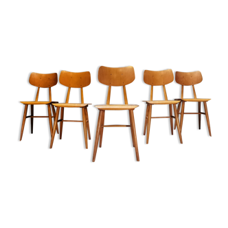 Lot de 5 chaises tout bois éditées par Ton 1960