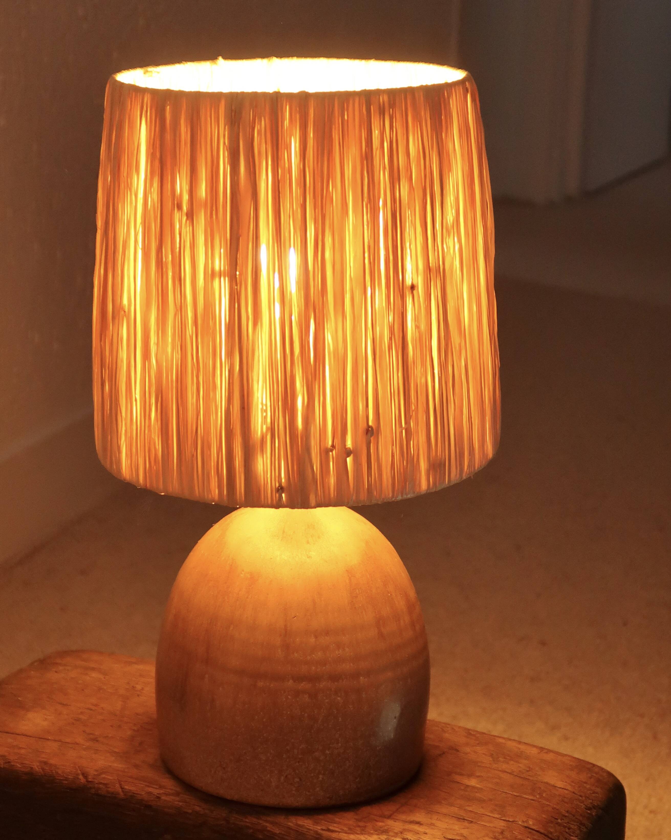 Handcrafted brown ceramic lamp, raffia lampshade, 70s