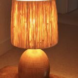 Handcrafted brown ceramic lamp, raffia lampshade, 70s