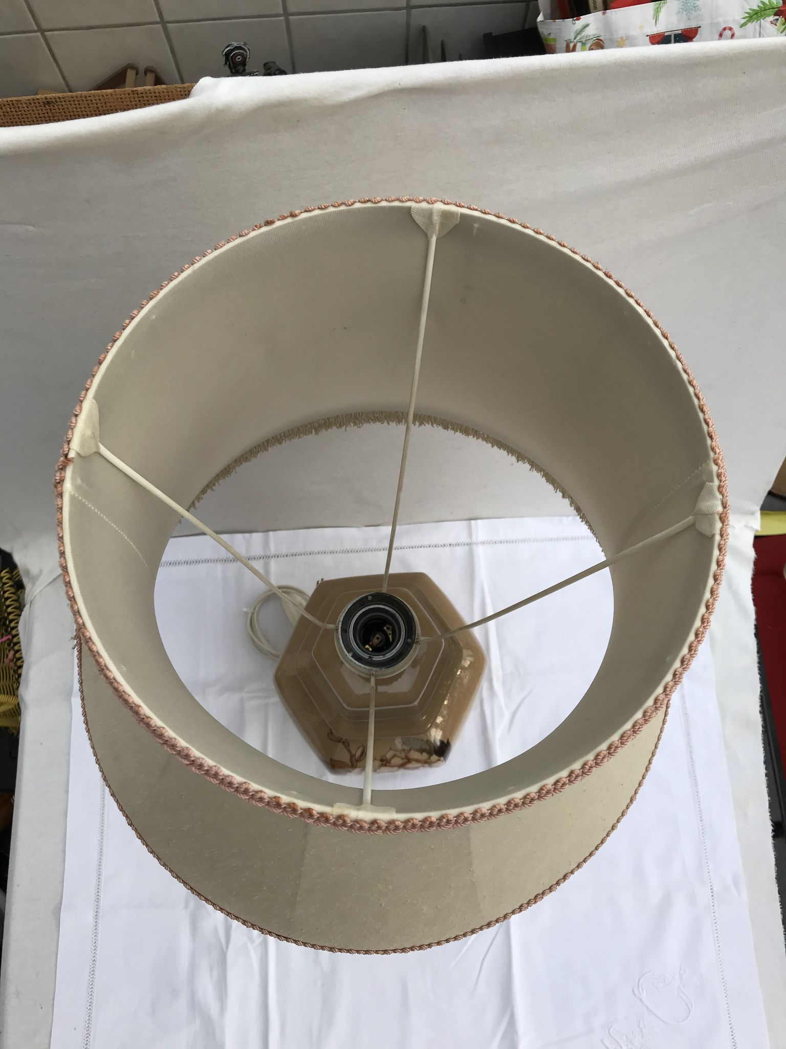 Former ceramic potiche lamp base wood - abat-day vintage beige fabric