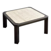 Table basse carrée des années 80 en métal et travertin Belgochrome Design