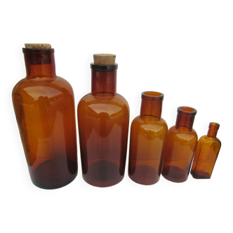 Set of 5 old glass pharmacy bottles